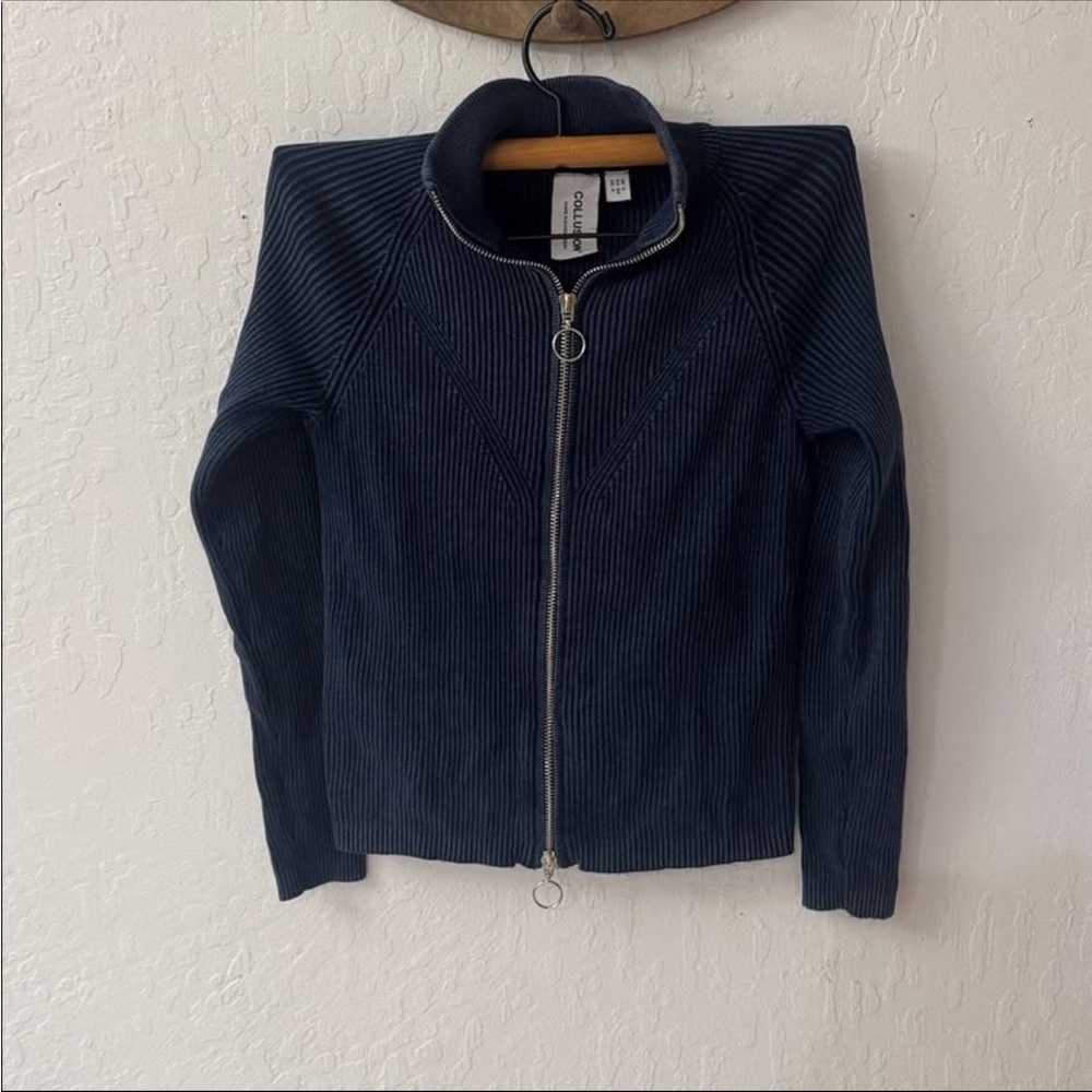 COLLUSION double edge zip track top blue tight fit stretchy US 4